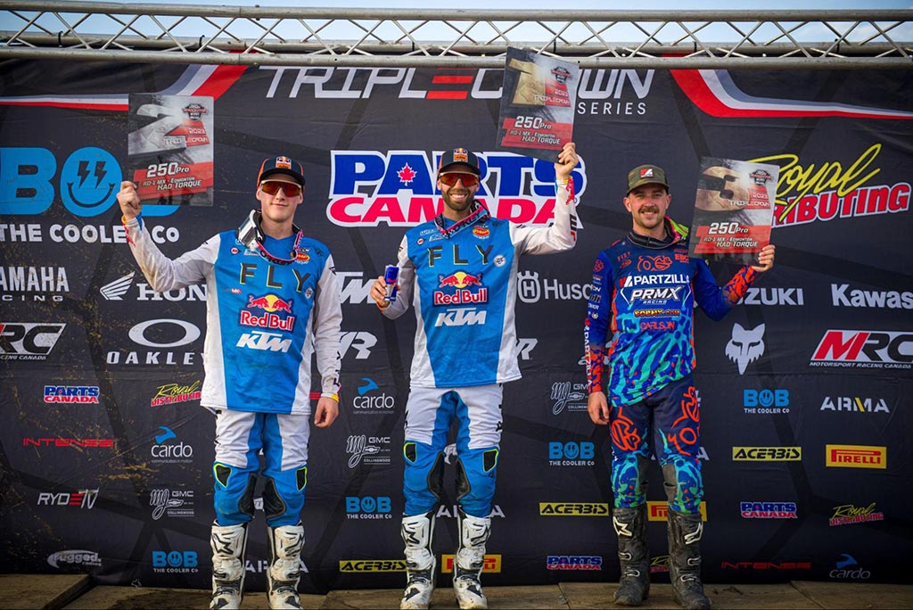 The 250 Pro podium at round 1 of the 2023 Triple Crown Series.