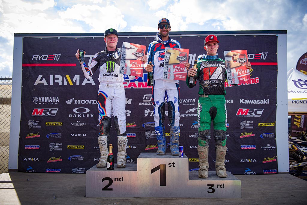 The 250 Pro podium at Round 1 of the 2024 Triple Crown Series. Left to right: Drew Adams (KAW) 4-1, Kaven Benoit (KTM) 1-2, Gage Linville (KAW) 2-3.