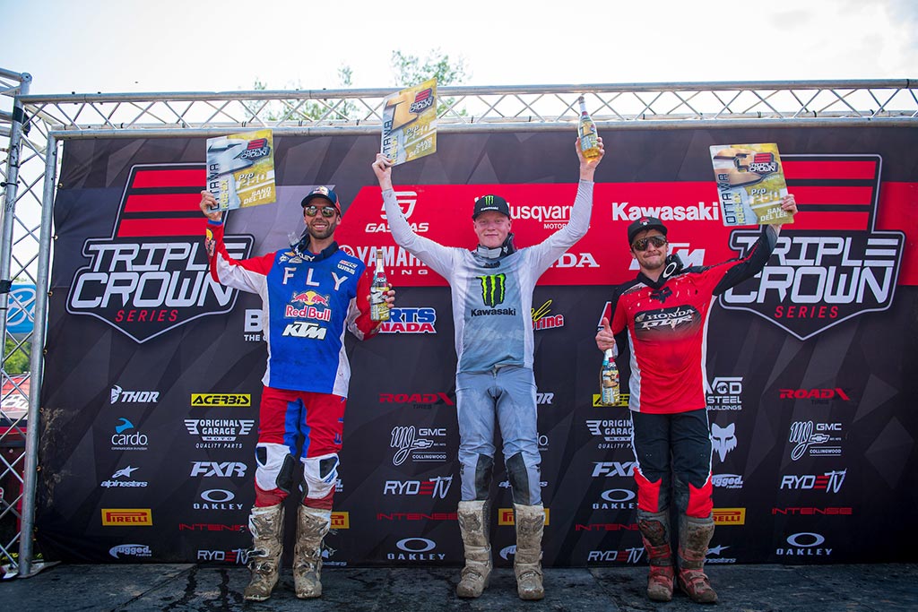 The 250 Pro podium. Left to right: Kaven Benoit (2-2), Drew Adams (1-1), Tyler Medaglia (3-3).