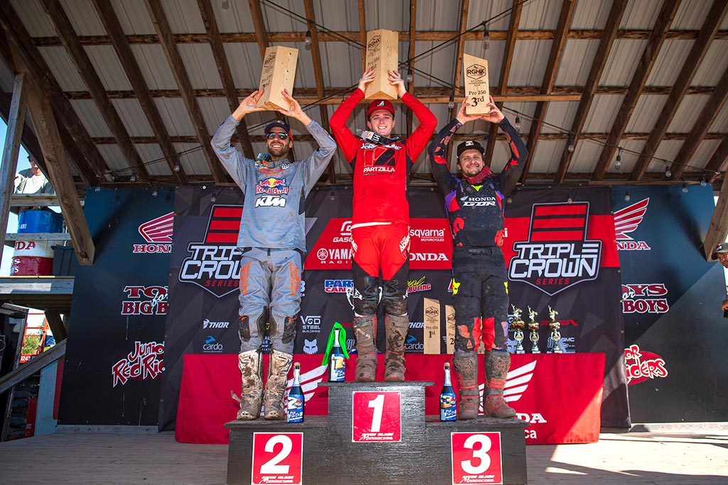 The 250 Pro podium. Left to right: Kaven Benoit (2-2), GageLinville (1-1), Tyler Medaglia (3-4).