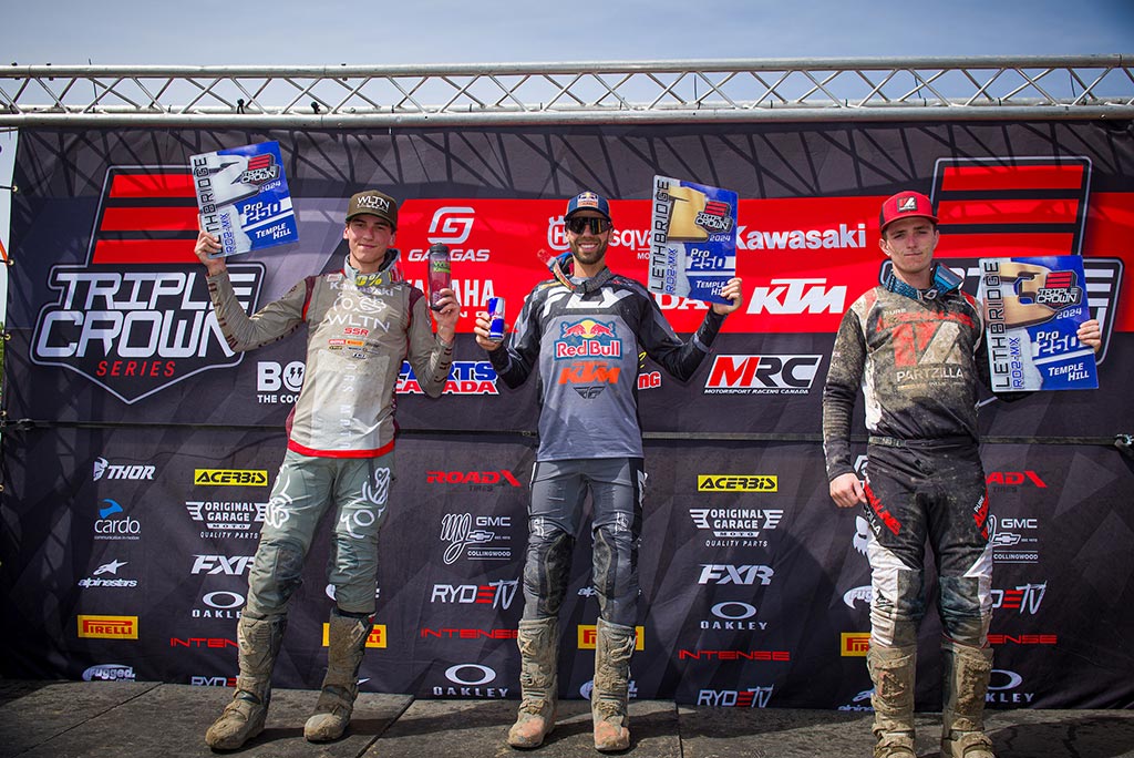 The 450 Pro podium. Left to right: Quinn Amyotte (KAW) 3-5, Kaven Benoit (KTM) 4-1, Gage Linville (KAW) 2-7.