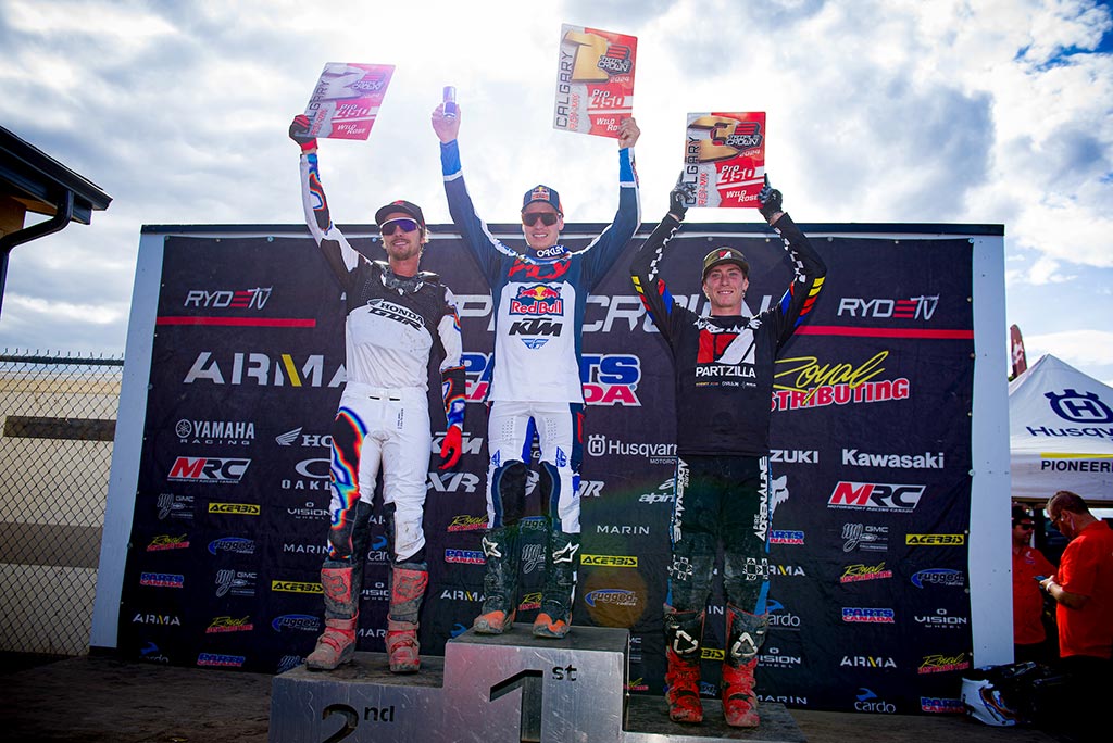 The 450 Pro podium at Round 1 of the 2024 Triple Crown Series. Left to right: Dylan Wright (HON) 1-2, Jess Pettis (KTM 2-1), Mitchell Harrison (KAW) 4-3.