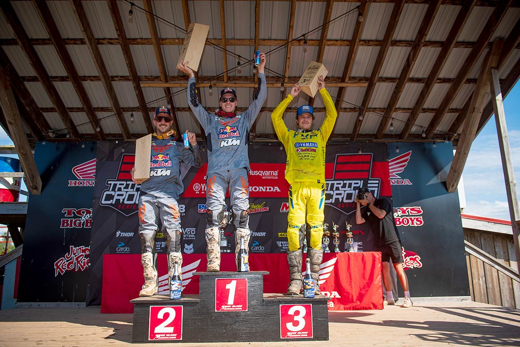 The 450 Pro podium. Left to right: Josiah Natzke (1-2), Jess Pettis (2-1), Preston Kilroy (3-3).