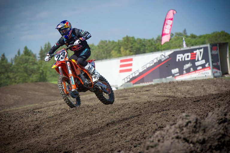 KTM Canada Red Bull's Josiah Natzke in the lead as the track continued to dry out from the rain.